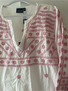 Madison Mathews White Pink Embroidered Tunic NWT Large